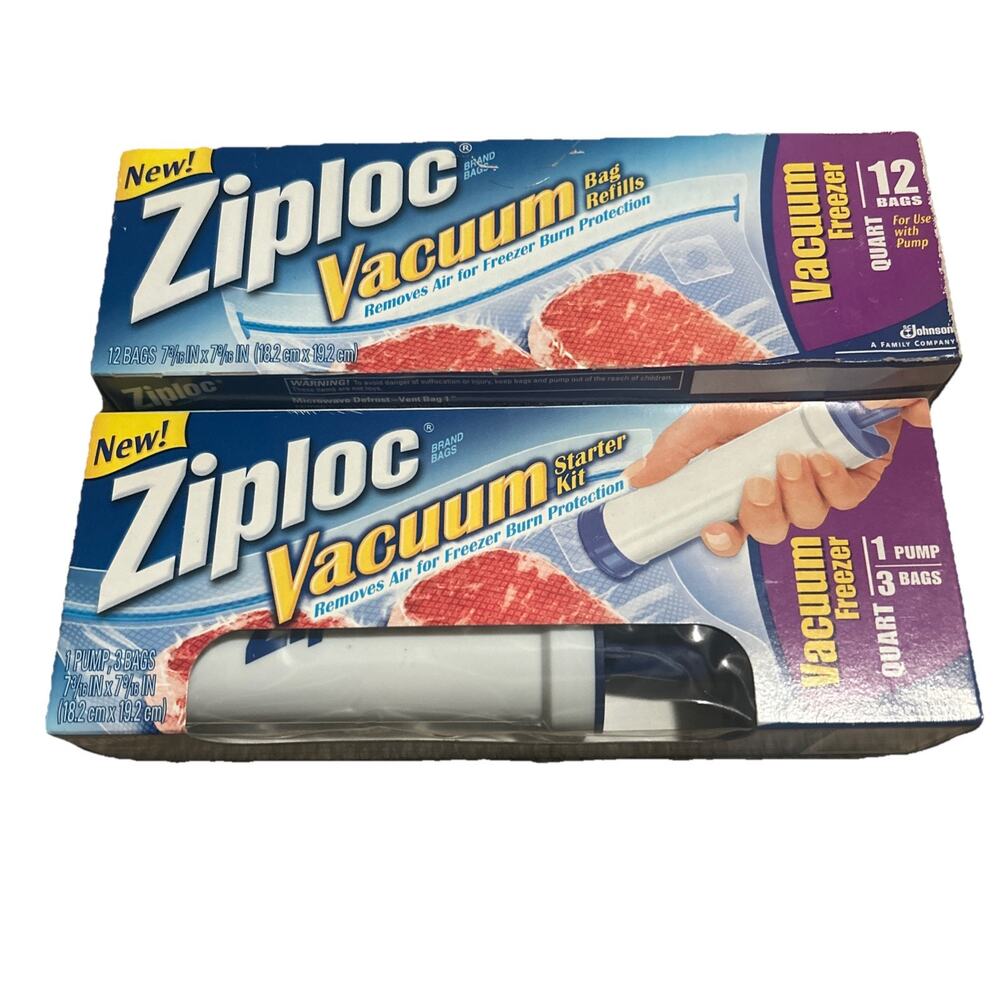 NEW Ziploc Vacuum Starter Kit Freezer Pump & New Box Of 12 Quart Bags
